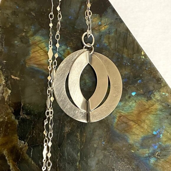 Brushed Sterling Silver 925 Double Ring Modernist Style Round Pendant Necklace - Picture 1 of 16